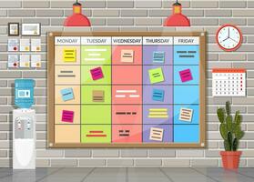 Scrum agile board in office interior. Bulletin board hanging on wall full of tasks on sticky note cards. List of event for employee. Development, team work, agenda to do list. Flat vector illustration