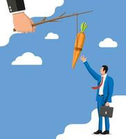 Carrot on a stick in hand and businessman. Motivation, stimulus, incentive and reaching goal concept metaphor. Fishing wooden stick with hanging carrot vector