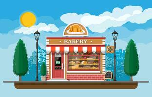 Bakery shop building facade with signboard. Baking store, cafe, bread, pastry and dessert shop. Showcases with bread, cake. City park, street lamp, trees. Market, supermarket. Flat vector illustration