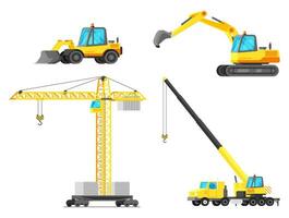 Building Machines Icon Set. Construction Equipment Collection Isolated on White. Tower Crane, Crane Truck, Excavator, Bulldozer. House Building Machine. Industrial Equipment. Flat Vector Illustration