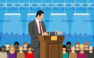 Orator speaking from tribune. Public speaker. Wooden rostrum with microphones for presentation. Stand, podium for conferences, lectures debates. Crowd, demonstrators, protest. Flat vector illustration