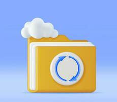 3D Folder in Clouds with File Sync Icon Isolated. Render Computer File Folder with Synchronization Cloud. Data Center, Cloud Storage Concept. Online Backup. Internet Archive. Vector Illustration