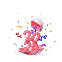 3D Open Gift Box with Number Sign 2024 and Falling Confetti. Render Present Box Surprise. Christmas. New Year Sale, Shopping. Present Box with Bows Ribbons. Giftbox for Holiday. Vector Illustration