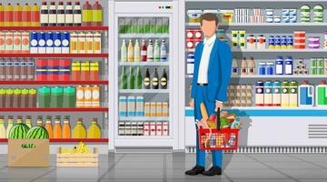 Supermarket store interior with goods. Big shopping mall. Interior store inside. Customer with basket full of food. Grocery, drinks, fruits, dairy products. Vector illustration in flat style