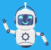 Happy Smiling Robot with Isolated. Chat Bot with Gears. Chatbot Robot Greets. Artificial Intelligence, AI Helper. Service and Support Assistant. Cartoon Flat Vector Illustration