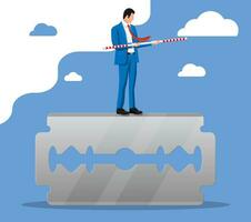 Businessman walking on edge of knife with balancer stick. Business man walking on razor blade. Obstacle on road, financial crisis. Risk management challenge. Vector illustration in flat style