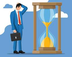 desesperado empresario cerca rápido corriendo reloj de arena reloj. hora gestión. negocio hombre corriendo prisa a obtener en tiempo. trabajo excesivo, fecha límite, cuenta regresiva. hora es dinero. plano vector ilustración