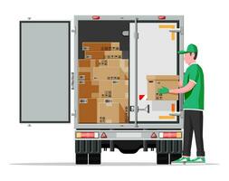 Truck trailer rear view loaded with cardboard boxes. Delivery van with pile of boxes. Express delivering services commercial truck. Fast and free delivery. Cargo logistic. Flat vector illustration