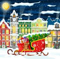 Christmas Card with Urban Landscape and Snowfall. Cityscape with Colorful Houses with Snow in Night. Winter Village, Cozy Town City Panorama. New Year Christmas Xmas Banner. Flat Vector Illustration