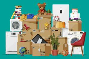 Moving to new house. Family relocated to new home. Paper cardboard boxes with various household thing. Package for transportation. Computer, lamp, clothes, books. Vector illustration in flat style