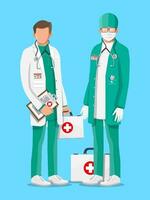 Two doctors in coat with stethoscope and case. Medical suit with different pills and medical devices in pockets. Healthcare staff, hospital and medical diagnostics. Vector illustration in flat style