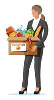Woman holding cardboard box full of food. Needed items for donation. Water, bread, meat, milk, fruits and vegetables products. Food drive bank, charity, thanksgiving concept. Flat vector illustration