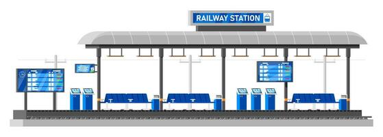 Modern Railway Station for High Speed Train. Platform with Schedule. Super Streamlined Train. Passenger Express Railway Locomotive. Railroad Public Transportation Subway. Flat Vector Illustration