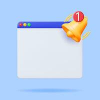 3D Notification Popup with Bell Icon. Golden Render Ringing Bell. Gold School Bell and OS Window Mockup. Alert and Alarm Symbol. Social Media Network Notification Reminder. Vector Illustration