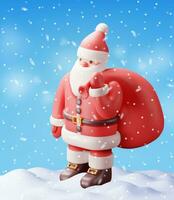 3D Santa Claus Character with Gift Bag in Snow. Render Standing Christmas Santa. Happy New Year Decoration. Merry Christmas Holiday. New Year and Xmas Celebration. Realistic Vector Illustration