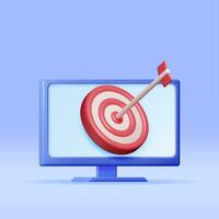 3D Target with Arrow in Center on Computer Screen. Render Dartboard with Arrow and Monitor. Goal Setting. Smart Goal. Business or Finance Target Concept. Achievement and Success. Vector Illustration