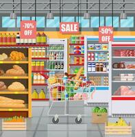 Supermarket store interior with goods. Big shopping mall. Groceries shop. Inside of super market. Cart full of food. Grocery, drinks, fruits, dairy products. Vector illustration in flat style