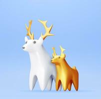 3D Christmas Deer Statue Isolated. Render Gold Deer Figurine. Cute Deer with Antlers. Happy New Year Reindeer Decoration. Merry Christmas Holiday. New Year and Xmas Celebration. Vector Illustration