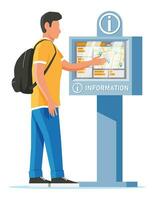 Information Kiosk and Man Isolated on White. Sign Digital Information Panel. Street Interactive Touchscreen Kiosk. Help Digital Board Interface or Payment Terminal. Cartoon Flat Vector Illustration