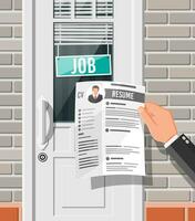 Hand holding job application office door with vacancy sign. Job search. Hiring, recruiting. Human resources management, searching professional staff, work. Found right resume. Flat vector illustration