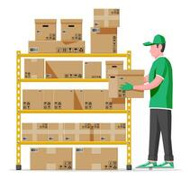 Warehouse shelves with goods, mover and container package boxes. Pile cardboard boxes set. Carton delivery packaging open and closed box with fragile signs. Vector illustration in flat style