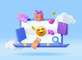 3D Online Shopping Concept. Render Computer with Shopping Symbols. Bag, Bank Card, Money, Gift Box and Discount Voucher or Sale Coupon. Online Shop, Payment and Delivery. Vector Illustration