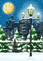 Navidad invierno paisaje urbano, copos de nieve y arboles ciudad parque nieve callejón y edificios contento nuevo año decoración. alegre Navidad día festivo. nuevo año y Navidad celebracion. vector ilustración plano estilo