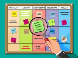 Scrum board and magnifying glass. Bulletin board hanging on wall full of tasks on sticky note cards. List of event for employee. Development, team work, agenda, to do list. Flat vector illustration