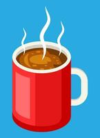 Red cup of coffee with steam. Fresh coffee drink. Americano in mug isolated on blue. Good morning concept. Flat vector illustration