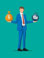 Businessman balancing with metal tax weight ball and money bag. Tax burden concept. Debt, fee, crisis and bankruptcy. Vector illustration in flat style