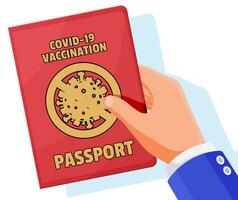 Covid-19 vaccination passport in hand. Vaccinated health document as proof person is immune to disease. Coronavirus immune pass. Corona virus vaccine certification concept. Flat vector illustration