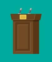 Brown wooden rostrum with microphones for presentation. Stand, podium for conferences, lectures or debates. Vector illustration in flat style