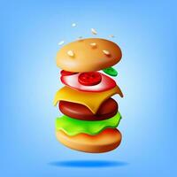 3d saltando sabroso hamburguesa aislado. hacer hamburguesa icono con salado pepino, ensalada, tomate, queso, salsa, bollo con sésamo semillas y carne de vaca chuleta. hamburguesa con queso rápido alimento. realista vector ilustración.