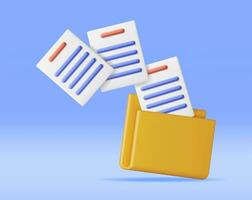 3D Business Folder Full of Papers Isolated on White. Render Yellow Folder for Correspondence, Concept of File Transfer, Document Migration, Remote Access to Encrypted Documents. Vector Illustration