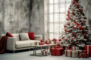 Cosy living room with beautiful christmas tree and red gifts in modern interior. Interior of living room decorated for merry christmas with socks, gift boxes and christmas accessories by AI Generated photo