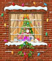 Christmas window in brick wall. Living room with fir tree and gifts. Happy new year decoration. Merry christmas holiday. New year and xmas celebration. Vector illustration flat style