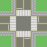 Empty asphalt crossroad with marking, walkways. Roundabout road junction. Traffic regulations. Rules of the road. Vector illustration in flat style