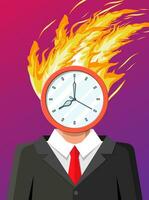 Clock on businessman head in fire. Deadline, late with working task. Overworked business man, stressed office worker. Time management. Control strategy projects planning. Flat vector illustration