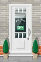 Wooden cottage door with windows and window blind. Closed door with chrome handle and open sign, welcome word. Concpet of invitation to enter or new opportunity. Flat vector illustration