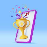 3D Winner Smartphone with Gold Trophy and Confetti. Render Phone with Golden Cup and Confetti. Award Victory, Goal, Champion Achievement, Prize, Sports Award, Success Concept. Vector Illustration