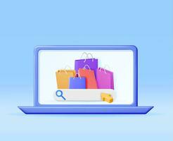 3D Computer with Shopping Bag Isolated. Render Realistic Gift Bag and Laptop. Sale, Discount or Clearance Concept. Online or Retail Shopping Symbol. Fashion Handbag. Vector Illustration