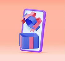 3D Gift Box in Smartphone Isolated. Render Giftbox on Mobile Phone Screen. Receiving Surprise Box Online. Digital Purchase or E-commerce Concept. Promo Store, Gift Card. Vector Illustration