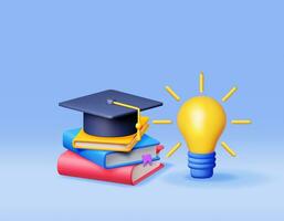 3D Light Idea Bulb with Graduation Cap and Books. Render Cartoon Yellow Idea Bulb in Graduation Hat. Creative Idea Inspiration. Brainstorming, Learning. Business Solution Startup. Vector Illustration