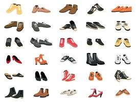 conjunto de diferente Zapatos aislado. botas, zapatillas, Parte superior. hombres y mujer calzado recopilación. diferente masculino y hembra zapatos, lado vista. dibujos animados plano vector ilustración
