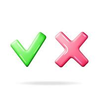 3D Right and Wrong Button Shape. Green Yes and Red No Correct Incorrect Sign. Checkmark Tick Rejection, Cancel, Error, Stop, Negative, Agreement Approval or Trust Symbol. Vector Illustration