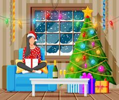 Cozy Interior of Living Room with Window, Girl on Armchair, Table, Christmas Tree. Happy New Year Decoration. Merry Christmas Holiday. New Year and Xmas Celebration. Cartoon Flat Vector Illustration