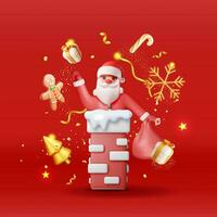 3D Santa Claus with Bag with Gifts in House Chimney Banner. Render Cartoon Santa Stuck in Pipe. Merry Christmas Eve Holiday. New Year and Xmas Celebration. Realistic Vector Illustration