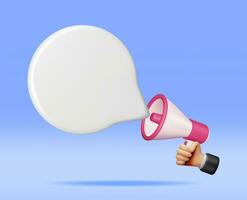 3D Megaphone with Blank Bubble Chat Isolated. Render Plastic Megaphone Realistic. Modern Bullhorn or Loudspeaker. Announcement Message, Marketing, Job, Attention. Vector Illustration