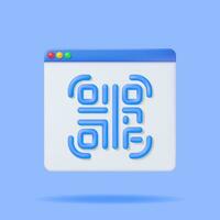 3d QR Code Icon in Browser Window Isolated. Render Modern QR Code. Online Shopping. Advertisement, Marketing and Promotion. Scan Code for Verification, Payment or identification. Vector Illustration