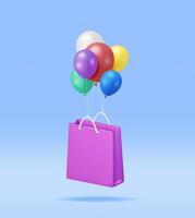 3D Shopping Bag with Balloons Isolated. Render Realistic Gift Bag. Sale, Discount or Clearance Concept. Online or Retail Shopping Symbol. Fashion Handbag. Vector Illustration